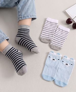 Cute Walk by Babyhug Non Terry Cotton Knit Anti Bacterial Ankle Length Anti Skid Socks With Stripes & Animal Design Pack of 3 - Multicolour