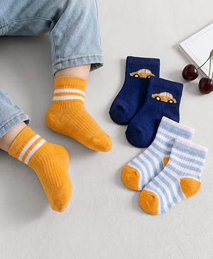 Cute Walk by Babyhug Non Terry Knit Antibacterial Ankle Length Socks With Design Pack of 3 - Mustard Navy Blue & Light Blue
