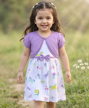 Babyhug Single Jersey Knit Half Puffed Sleeves Shrug with Unicorn Printed Frock & Bow Applique - White
