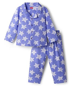 Babyhug Cotton Knit Full Length Star Printed Co-Ord Shirt & Pyjama Night Suit - Blue