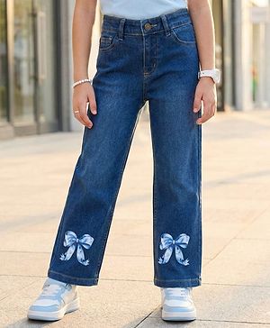Pine Kids Denim Woven Full Length Bow Printed Jeans - Navy Blue