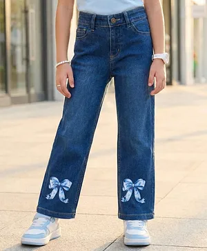 Pine Kids Denim Woven Full Length Bow
                              Printed Jeans - Navy Blue