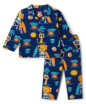 Babyhug Cotton Knit Full Sleeves Shirt & Pyjama Co-ord Night Suit with Beach Theme Print - Navy Blue