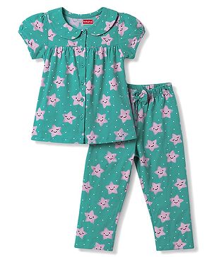 Babyhug Cotton Knit Half Sleeves Top & Pyjama Co-ord Night Suit with Star Print - Green