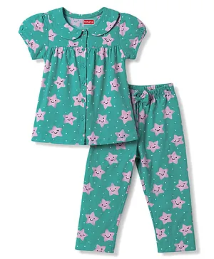Babyhug Cotton Knit Half Sleeves Top
                              & Pyjama Co-ord Night Suit with Star
                              Print - Green