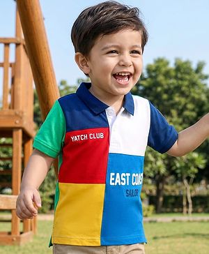 Babyhug Cotton Knit Half Sleeves Cut & Sew Polo T-Shirt with Text Graphics - Multicolour