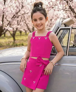 Arias Cotton Elastane Woven
                              Sleeveless Top & Skort Set with Hand
                              Embroidered Stone Detailing - Pink