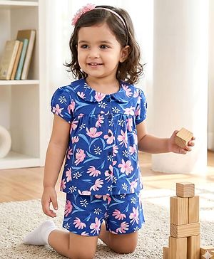 Babyhug Cotton Knit Half Sleeves Front Open Co-ords Top & Short Night Suit with Floral Print - Navy Blue