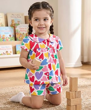 Babyhug Cotton Knit Half Sleeves Front Open Co-ords Top & Short Night Suit with Heart Print - Multicolor