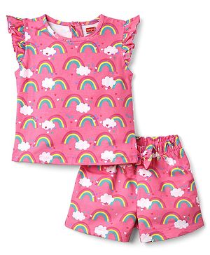 Babyhug Cotton Knit Sleeveless Top & Shorts Co-ord Night Suit with Rainbow Print - Pink