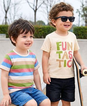 Babyoye 100% Cotton Knit Half Sleeves Striped & Text Printed T-Shirts Pack Of 2 - White & Multicolour