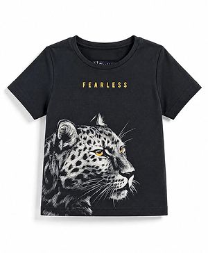 Pine Kids 100% Cotton Knit Half Sleeves Cheetah Printed T-Shirt - Black