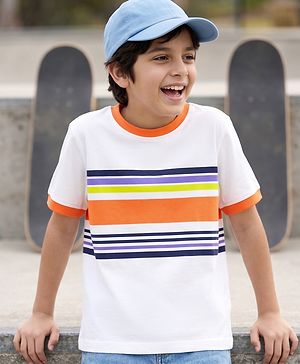 Pine Kids Cotton Knit T-Shirts Striped Round Neck Half Sleeves Snow White 4-5 Years