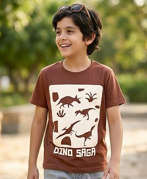 Pine Kids Cotton Knit Half Sleeves T-Shirt With Dino Print - Brown