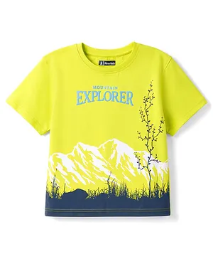 Pine Kids Cotton Knit Half Sleeves T-Shirt With Mountain Print - Limegreen