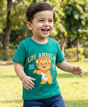 Babyhug Cotton Knit Half Sleeves T-Shirt with Lion Print - Teal Blue
