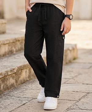 Pine Kids Cotton Woven Solid Full Length Trouser - Black