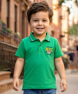 Babyhug Cotton Knit Half Sleeves Polo T-Shirt With Bear Print - Green