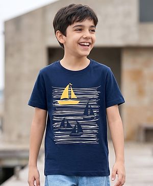 Pine Kids Cotton Knit Half Sleeves T-Shirt With Boat Print - Blue
