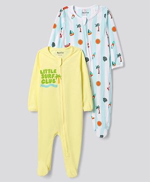 Bonfino 100% Cotton Knit Full Sleeves Footed Sleepsuits with Beach Print Pack of 2 - White & Yellow