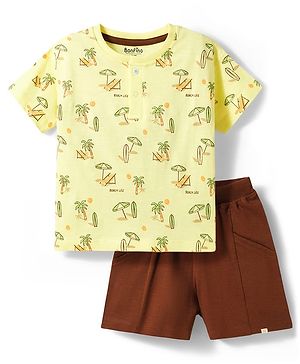 Bonfino 100% Cotton Slub Knit Drop Shoulder Half Sleeves Oversized Henley T-Shirt & Cargo Shorts Set with Beach Theme Print - Light Yellow & Brown
