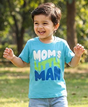 Babyhug Cotton Knit Half Sleeves T-Shirt with Mom's Little Man Print - Light Blue