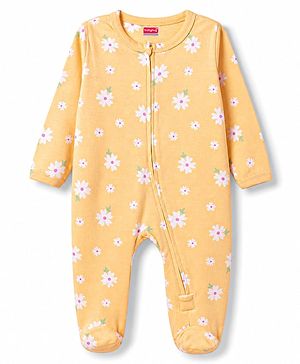 Babyhug Cotton Knit Full Sleeves Floral Printed Sleepsuit - Yellow