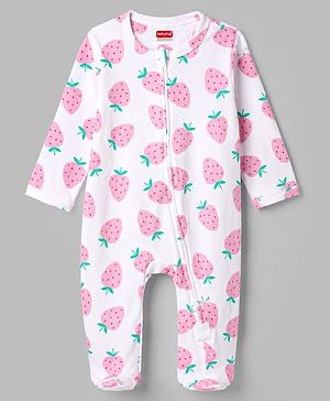 Babyhug Cotton Knit Full Sleeves Strawberry Printed Sleepsuit - White