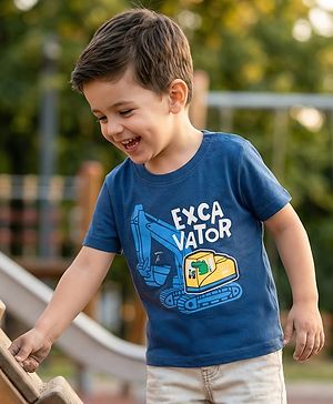 Babyhug 100% Cotton Knit Half Sleeves Construction Vehicles Printed T-Shirt - Blue