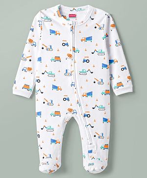 Babyhug Cotton Knit Full Sleeves Construction Vehicles Printed Sleepsuit - White