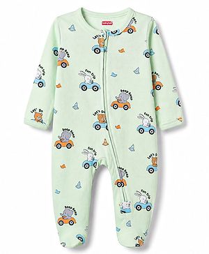 Babyhug Cotton Knit Full Sleeves Vehicles & Elephant Printed Sleepsuit - Mint