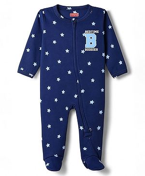Babyhug Cotton Knit Full Sleeves Sleepsuit  with Star Print - Navy Blue