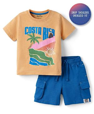 Bonfino 100% Cotton Slub Knit Drop Shoulder Half Sleeves Oversized T-Shirt & Cargo Shorts Set With Costa Rica Print - Orange & Blue