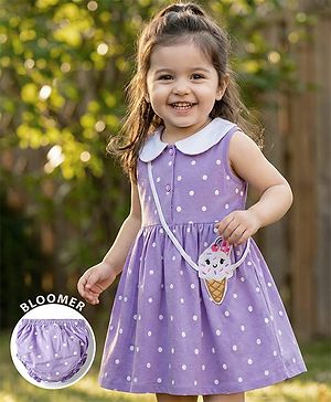 Babyhug Single Jersey Knit Sleeveless Polka Dotted Frock with Bloomer - Purple