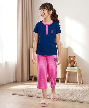 Pine Kids Cotton Knit Half Sleeves Top & Capri Night Suit With Wow Girl Club Print - Navy Blue