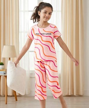 Pine Kids Cotton Knit Half Sleeves T-Shirt & Capri Night Suit With Make Today Awesome Print - Pink