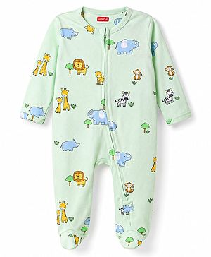 Babyhug Cotton Knit Full Sleeves Animal Printed Footed Sleepsuit - Light Green