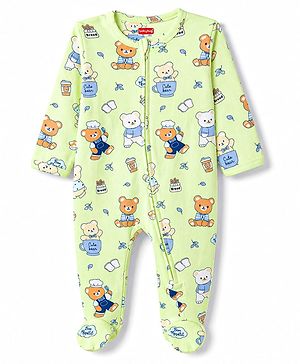 Babyhug Cotton Knit Full Sleeves Bear Printed Sleepsuit - Light Green