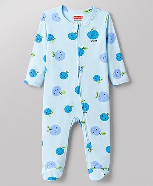 Babyhug 100% Cotton Knit Full Sleeves Footed Sleepsuit with Tropical Theme Print - Light Blue