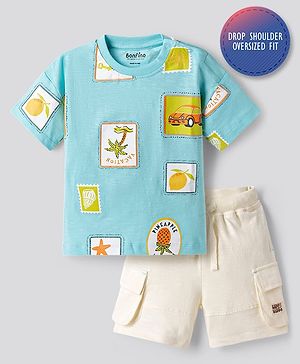 Bonfino 100% Cotton Knit Drop Shoulder Oversized Half Sleeves T-Shirt & Cargo Shorts With Tropical Print - Light Blue & White