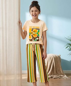 Pine Kids Cotton Knit Half Sleeves Top & Capri Night Suit With Floral Print - Yellow