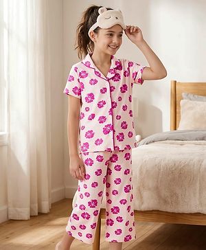 Pine Kids Cotton Knit Half Sleeves Shirt & Pajama Co-ords Capri Night Suit With Floral Print - Pink