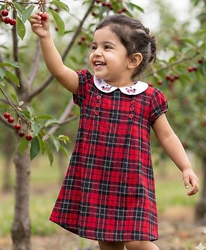 Babyhug Cotton Woven Half Sleeves Checks Frock With Floral Embroidery - Dark Red
