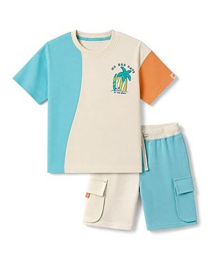 Bonfino 100% Cotton Knit Slub Drop Shoulder Oversized Color Block Half Sleeves No Bad Days Printed T-Shirt &  Cargo Shorts- Set - Sky Blue