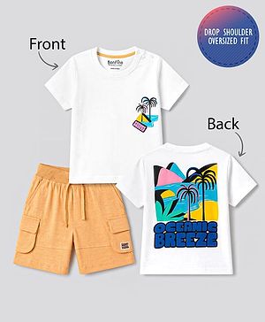 Bonfino 100% Cotton Slub Knit Drop Shoulder Half Sleeves Oversized T-Shirt With Print on Chect and Back & Cargo Shorts Set - White & Beige