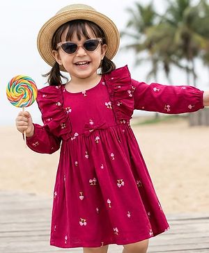 Babyhug 100% Cotton Woven Full Sleeves Floral & Mushroom Printed Frock With Frill Detailing - Dark Red