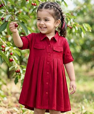 Babyhug Cotton Woven Full Sleeves Solid Color Shirt Dress - Maroon