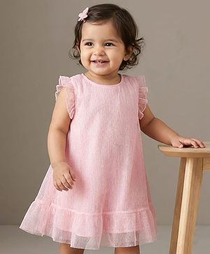 Babyhug Mesh Woven Frill Sleeves Frock - Pink