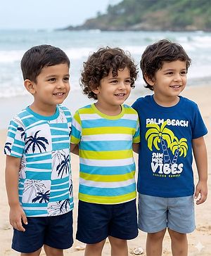 Babyhug 100% Cotton Knit Half Sleeves Beach Theme Printed & Striped T-Shirts Pack Of 3 - Multicolour