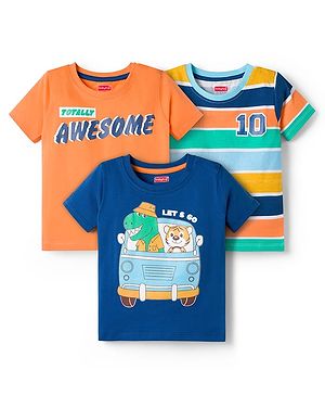 Babyhug 100% Cotton Knit Half Sleeves Animal & Striped Printed T-Shirts Pack Of 3 - Multicolour